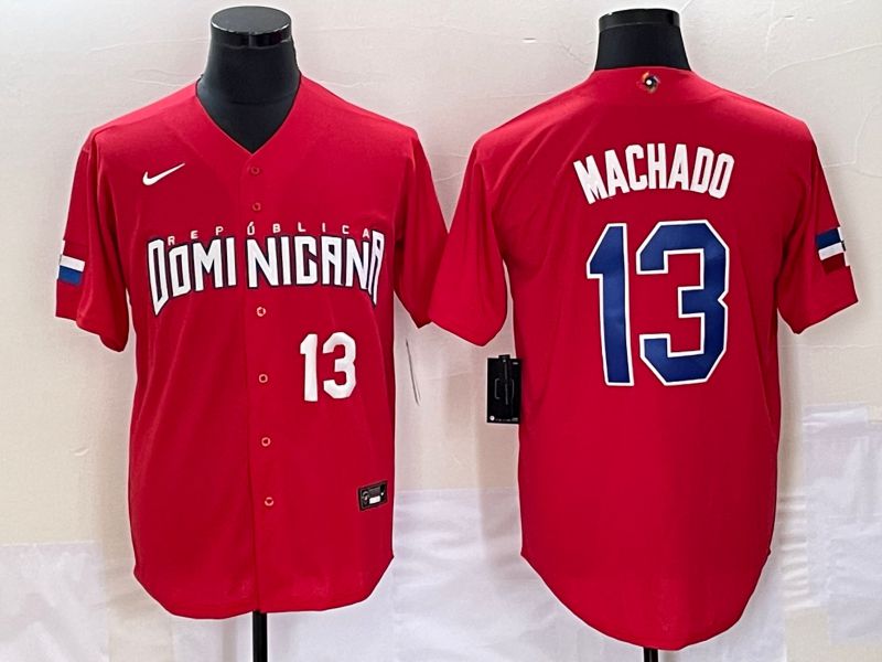Men 2023 World Cub Dominicana #13 Machado Red Nike MLB Jersey3